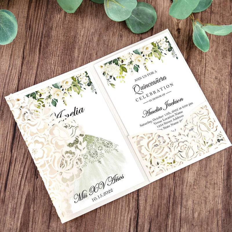 DORIS HOME 50pcs Laser Cut Quinceanera Invitations Green and Ivory White, 4.7x7.1 Blank Quince Invitations for 15th Birthday, Invitation cards for Sweet 16 with Envelopes - Image 3